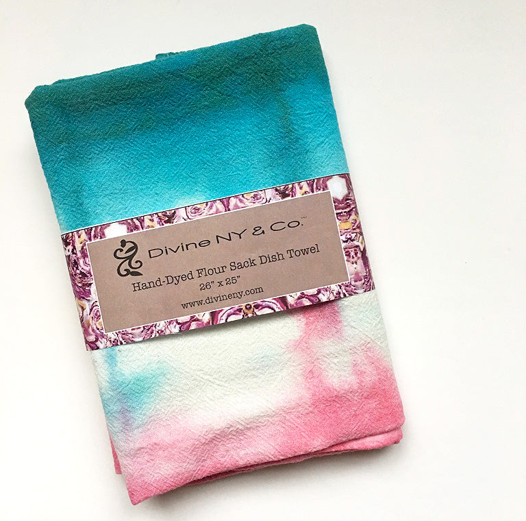 Hand Dyed Flour Sack Shibori Tea Towel in Teal and Pink – Divine
