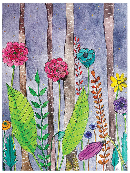 A colorful watercolor-style illustration of wildflowers growing among tall birch tree trunks, with pink, teal, yellow, purple, orange, and green botanical elements against a soft blue-gray background.