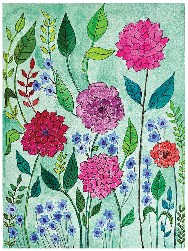 A colorful watercolor-style floral illustration featuring pink, purple, red, and orange flowers with green leaves on a light aqua background.