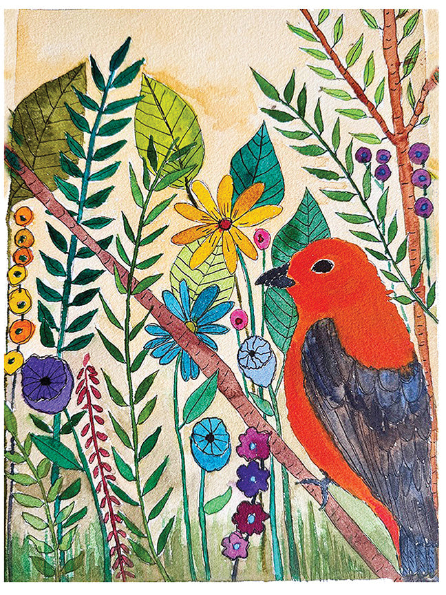 A colorful watercolor art print of a bright red-orange bird perched among green leaves, blue and yellow flowers, and small purple berries on branches, set against a warm cream background.
