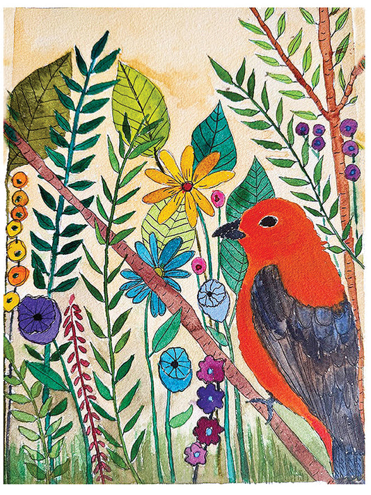 A colorful watercolor art print of a bright red-orange bird perched among green leaves, blue and yellow flowers, and small purple berries on branches, set against a warm cream background.