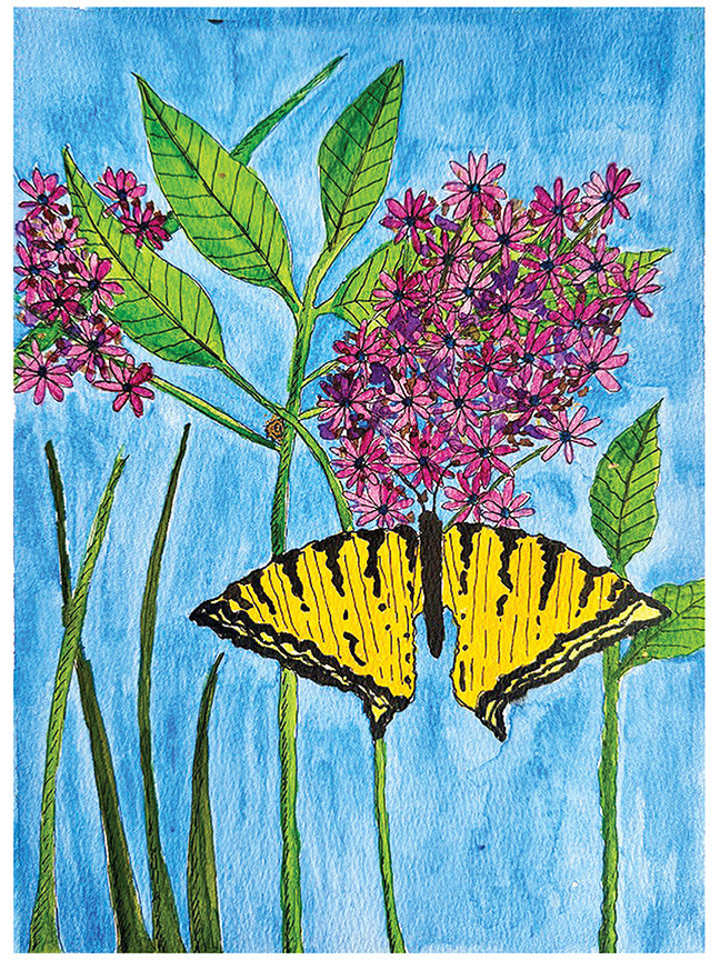 A colorful botanical illustration featuring a yellow and black butterfly perched on pink flowers with green leaves against a bright blue background.