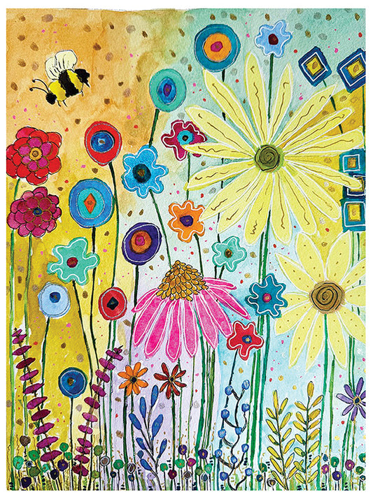 A colorful watercolor-style floral artwork showing a field of wildflowers, including large yellow daisies, a pink coneflower, blue and red blossoms, green stems, and a bumblebee. The composition is dense and playful, with many bright hues across the full frame.
