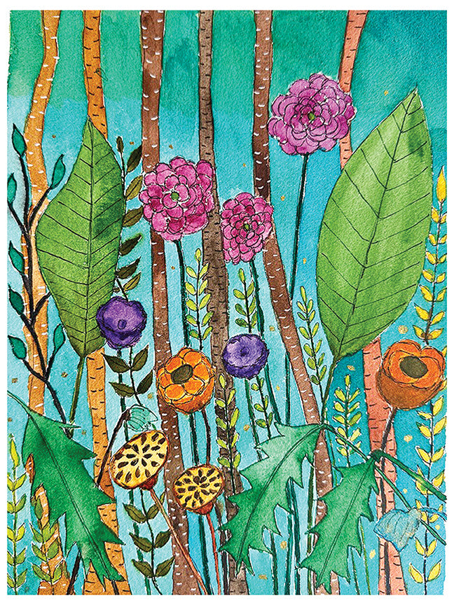 A colorful watercolor-style botanical illustration featuring green leaves, pink and purple flowers, orange blossoms, and vertical tree trunks on a turquoise background.