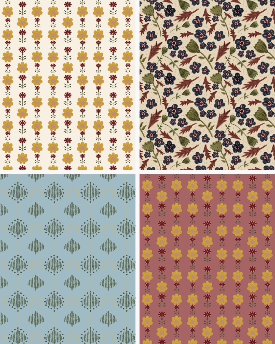Four square fabric or wallpaper pattern swatches arranged in a 2x2 grid: yellow floral on cream, dark blue and burgundy floral on beige, blue-gray geometric on light blue, and yellow floral on dusty rose.