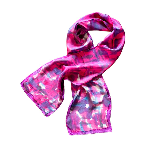 Hand Painted Silk Scarf in Pink Abstract Print