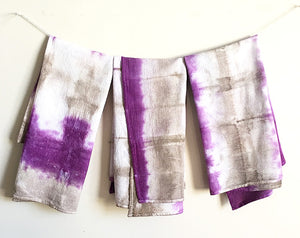 Hand Dyed Flour Sack Shibori Tea Towel in Purple and Tan