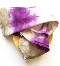 Load image into Gallery viewer, Hand Dyed Flour Sack Shibori Tea Towel in Purple and Tan